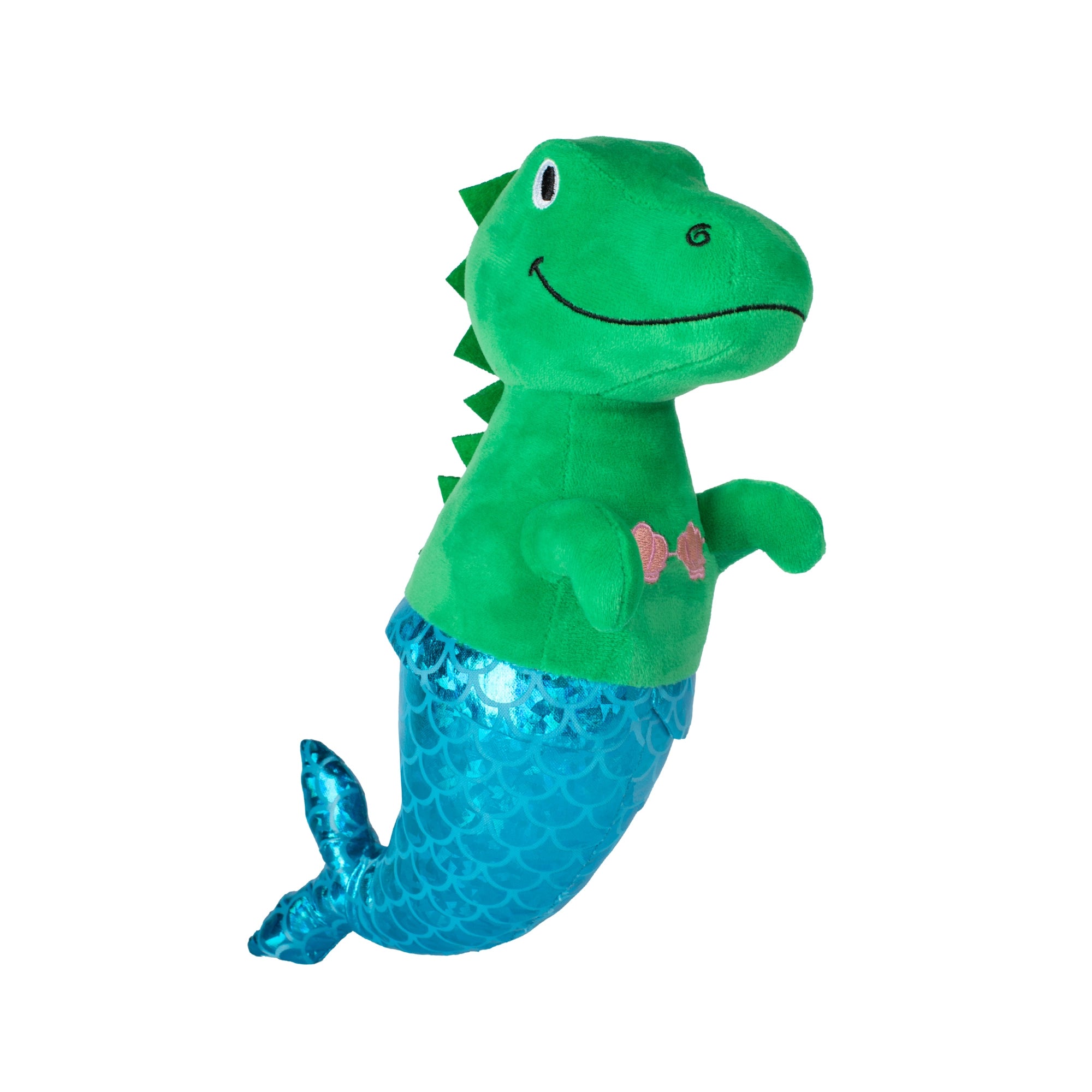 Angled front view of Mer-Rex, the plush dog toy on a white background