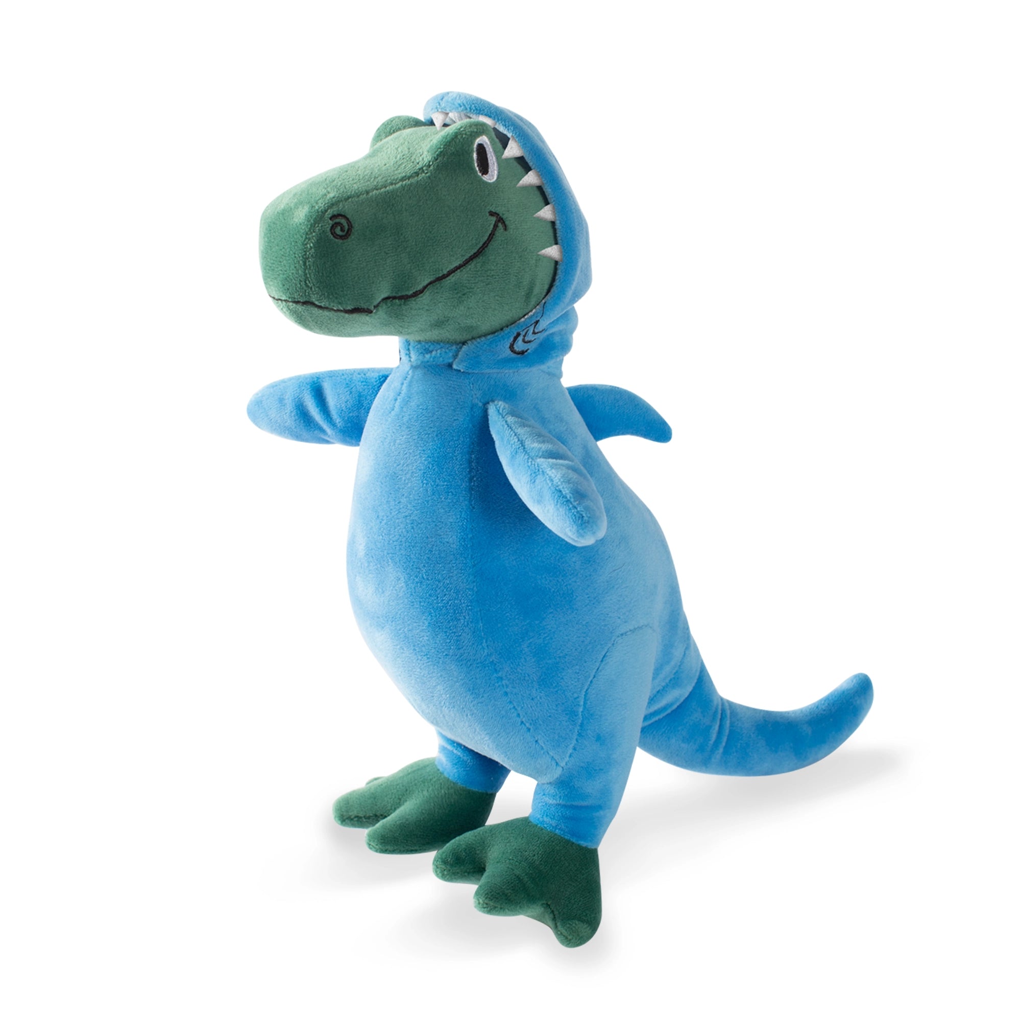 Angled front view of the cute Shark Rex the plush dog toy