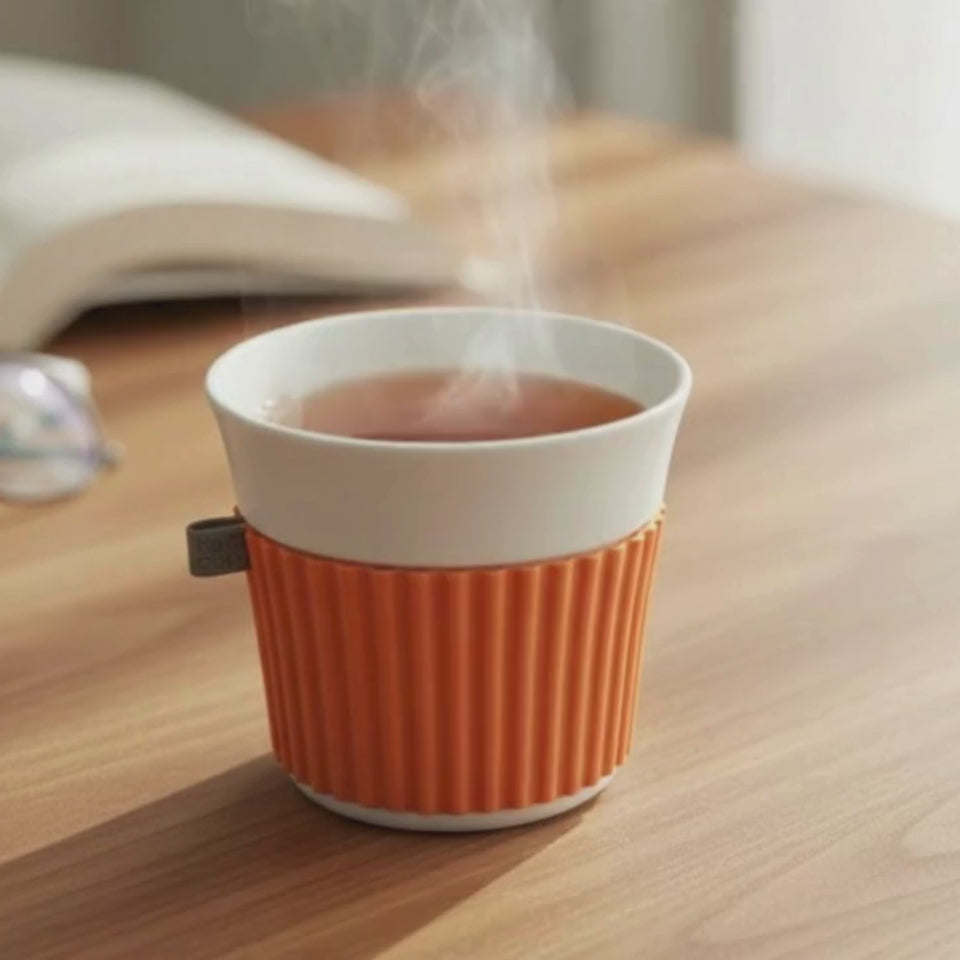 A pair of hands holding a warm drink in a white cup with orange sleeve