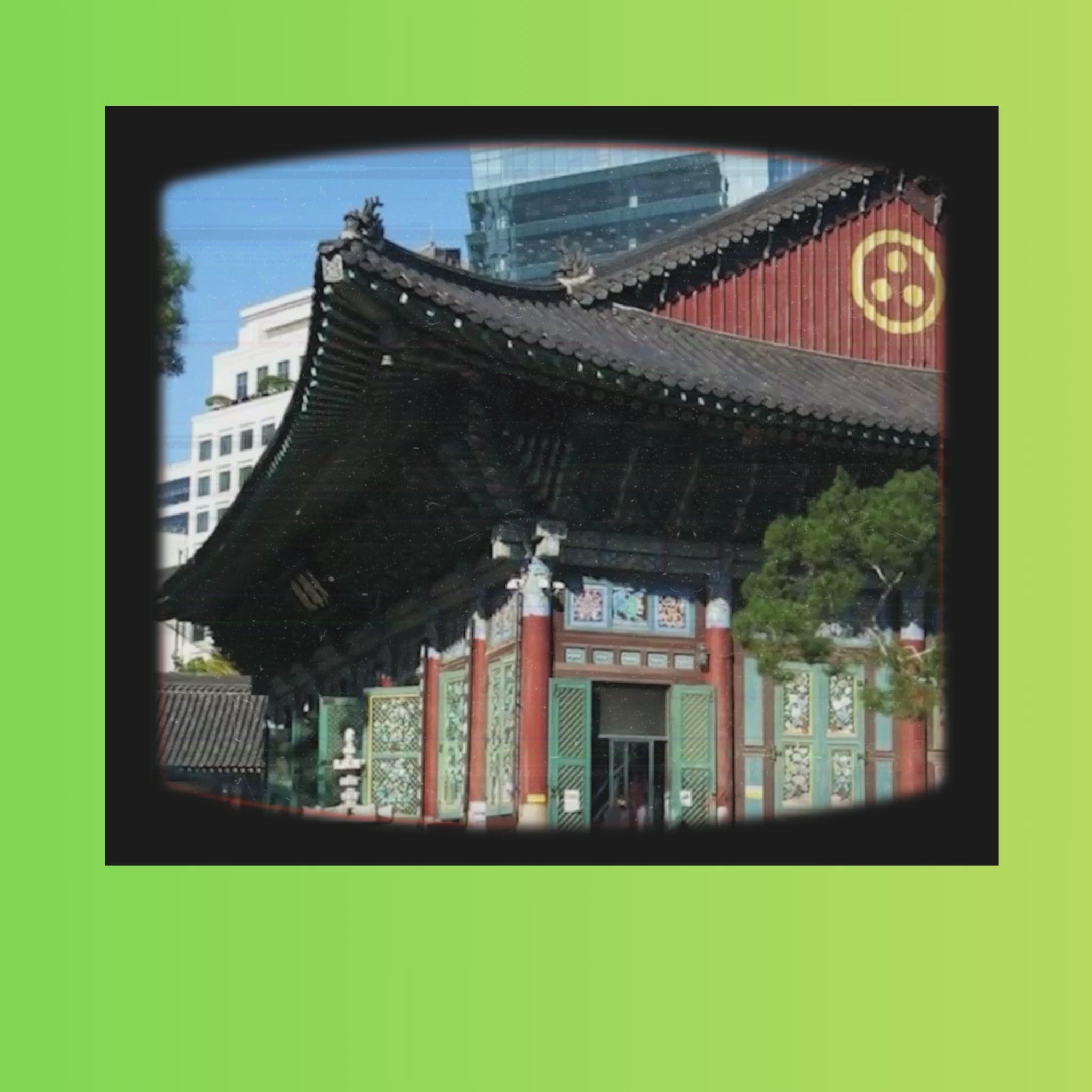 Doc-style video showing the making of temple lotus paper lanterns, with scenes from Jeogyesa Temple in Seoul and close-ups of a hand-assembled lotus lantern on a green ombré background.