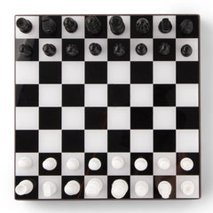 image of printworks classic chess set in black and white color with chess pieces from above