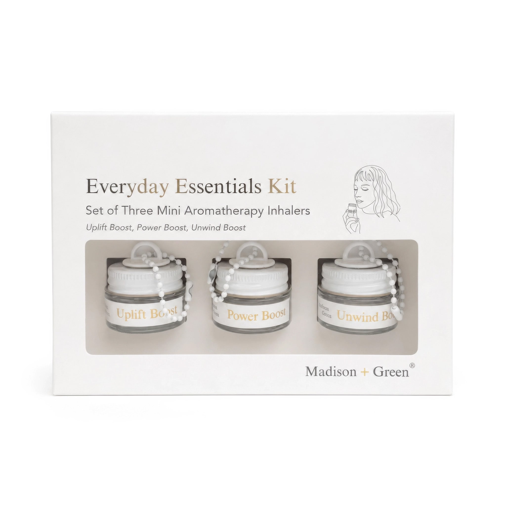 Madison + Green Everyday Essentials Kit containing three mini aromatherapy inhalers in a white box with a clear window displaying the products.