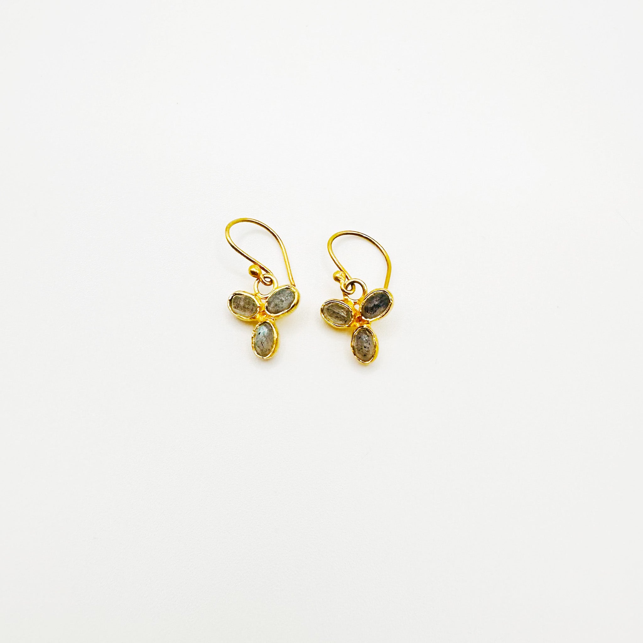 image of two river song earrings florets labrodite design