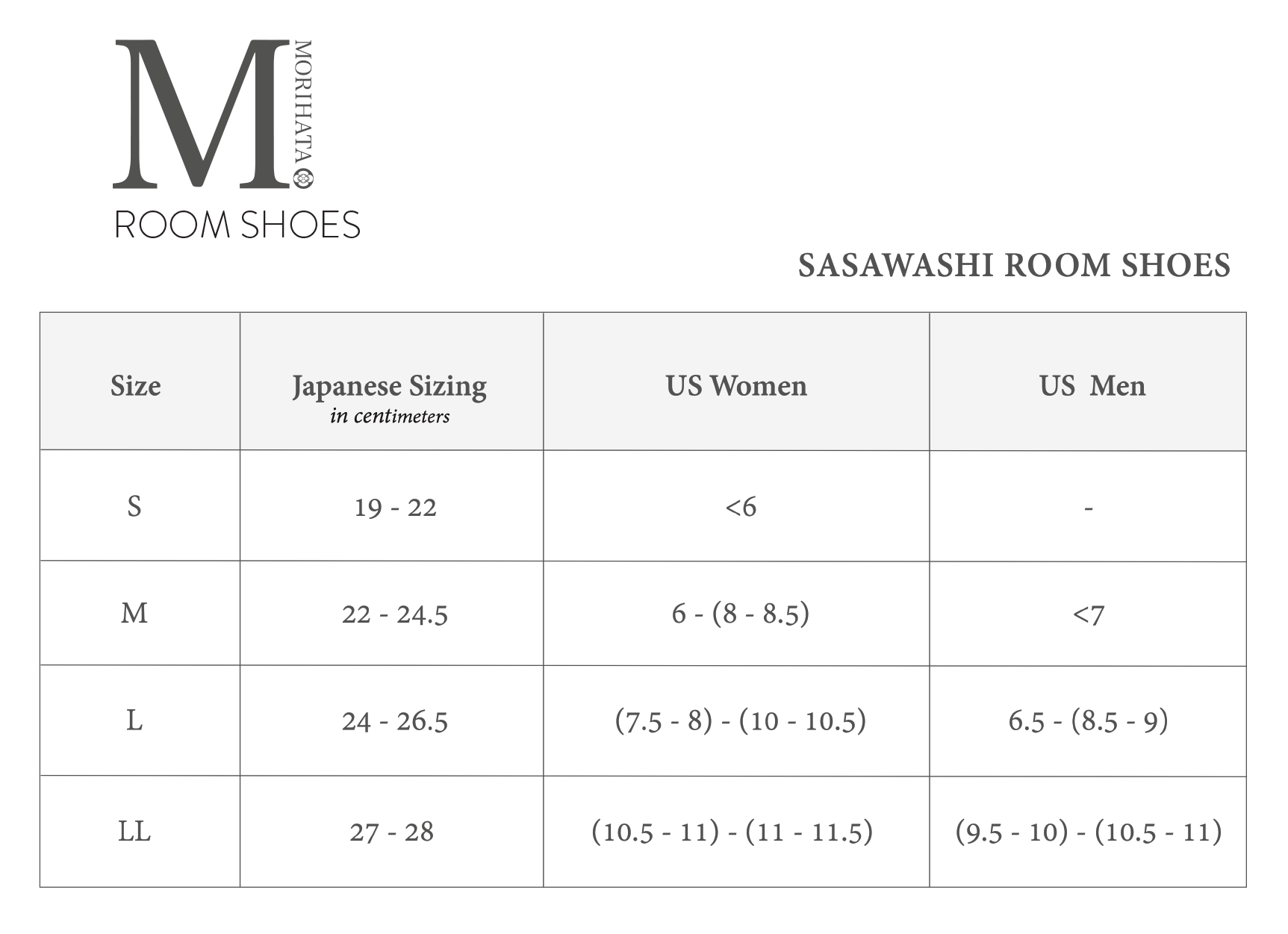 Room shoes size chart with Japanese and US sizing