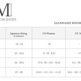 Room shoes size chart with Japanese and US sizing