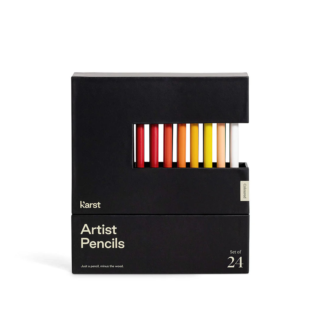 Front view of set of Karst's colorful artist pencils in full packaging on a white background