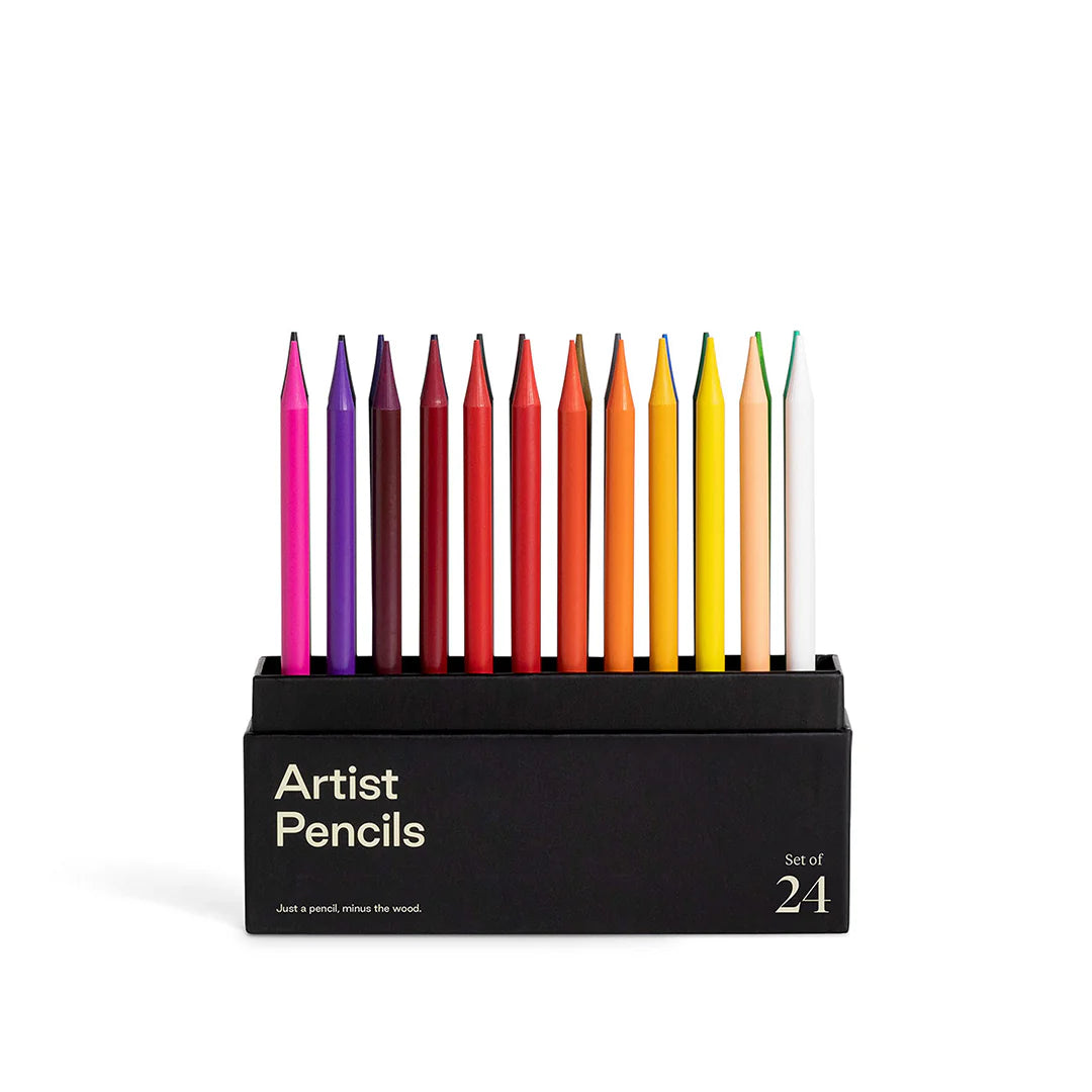 Front view of set of Karst's colorful artist pencils in its packaging with just the lid off on a white background