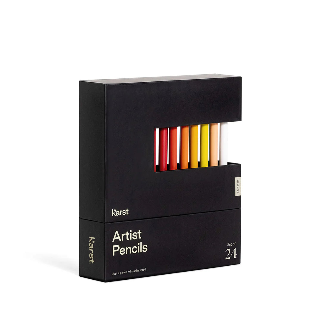 Black box of Karst artist pencils with colorful pencils inside on a white background
