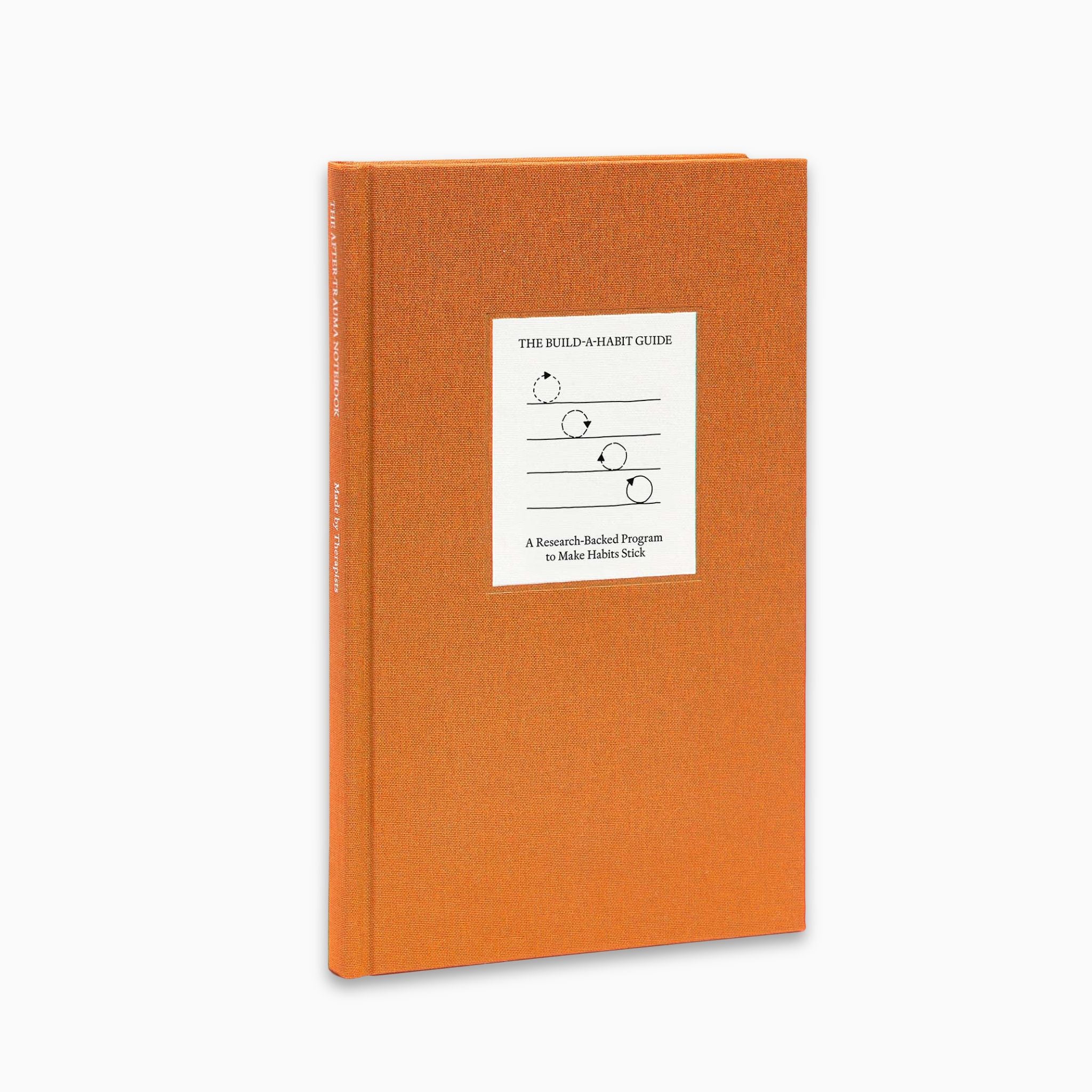 Full angled view of The Build A Habit Guide by Therapy Notebooks, featuring a linen hardcover with a minimalist stitched patch.