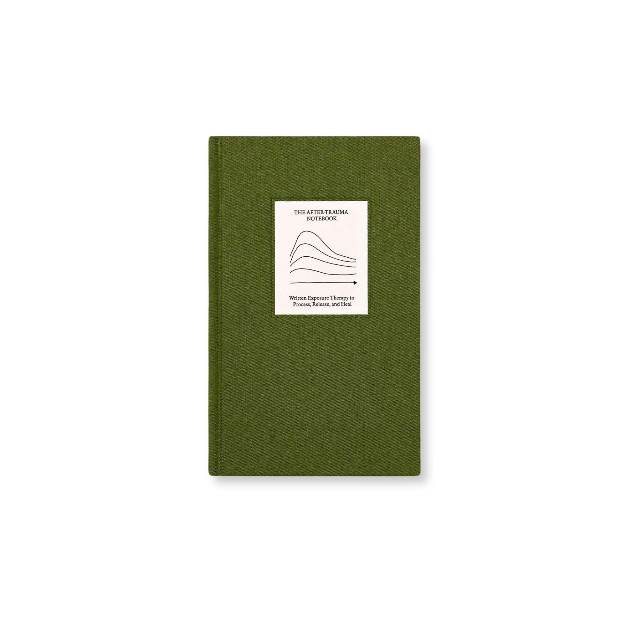 Top view of The After Trauma Notebook by Therapy Notebooks, featuring a linen hardcover with a minimalist stitched patch.