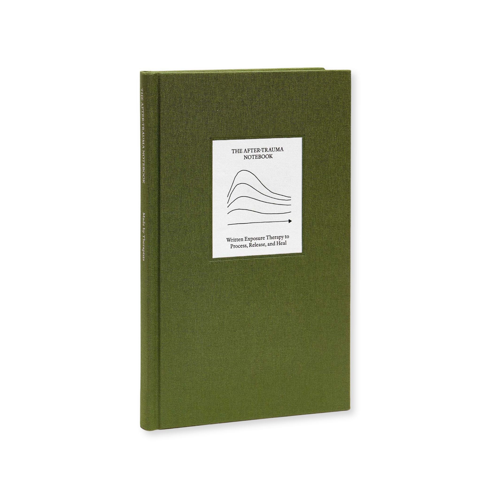 Full angled view of The After Trauma Notebook by Therapy Notebooks, featuring a linen hardcover with a minimalist stitched patch.
