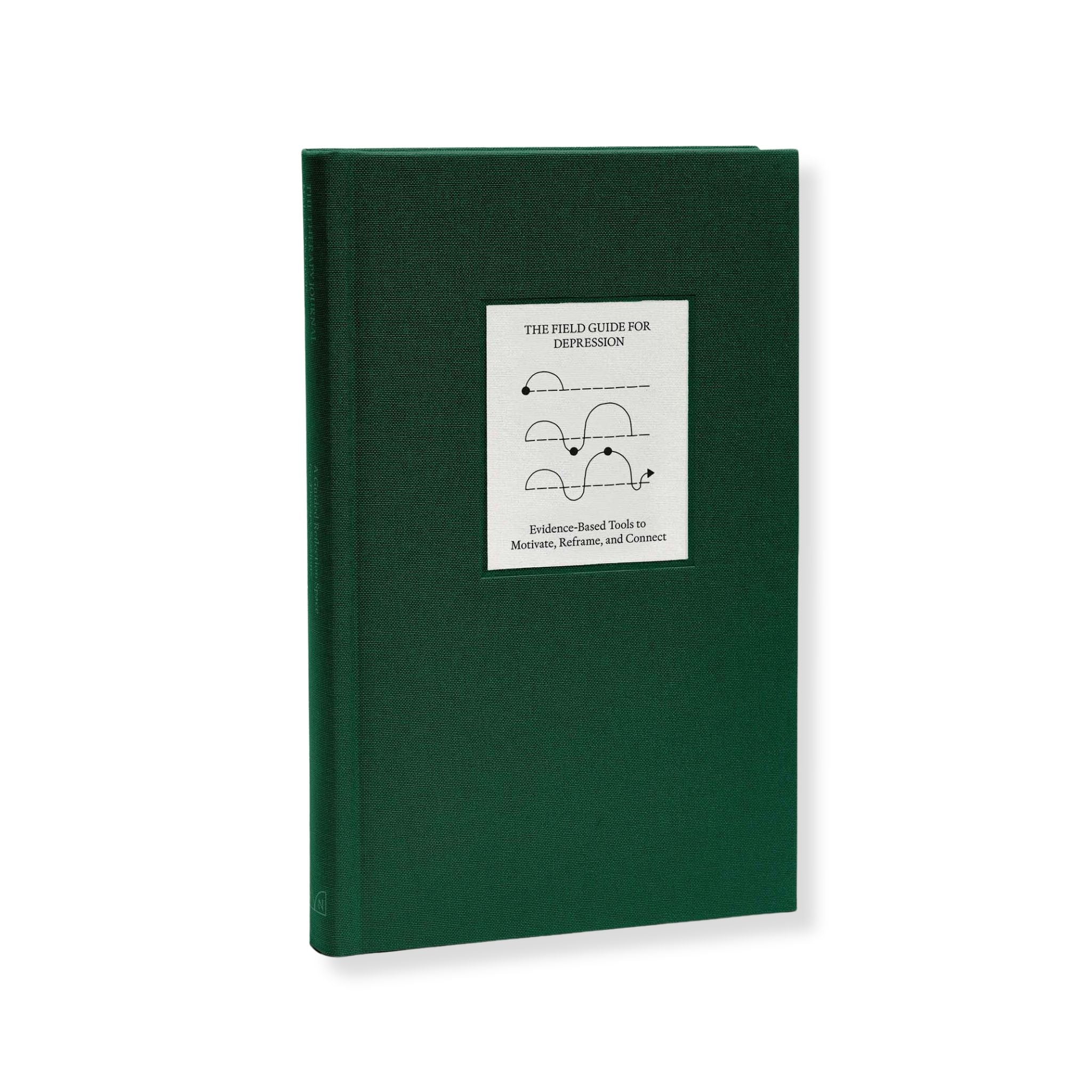 Full angled view of The Field Guide for Depression by Therapy Notebooks, featuring a linen hardcover with a minimalist stitched patch.