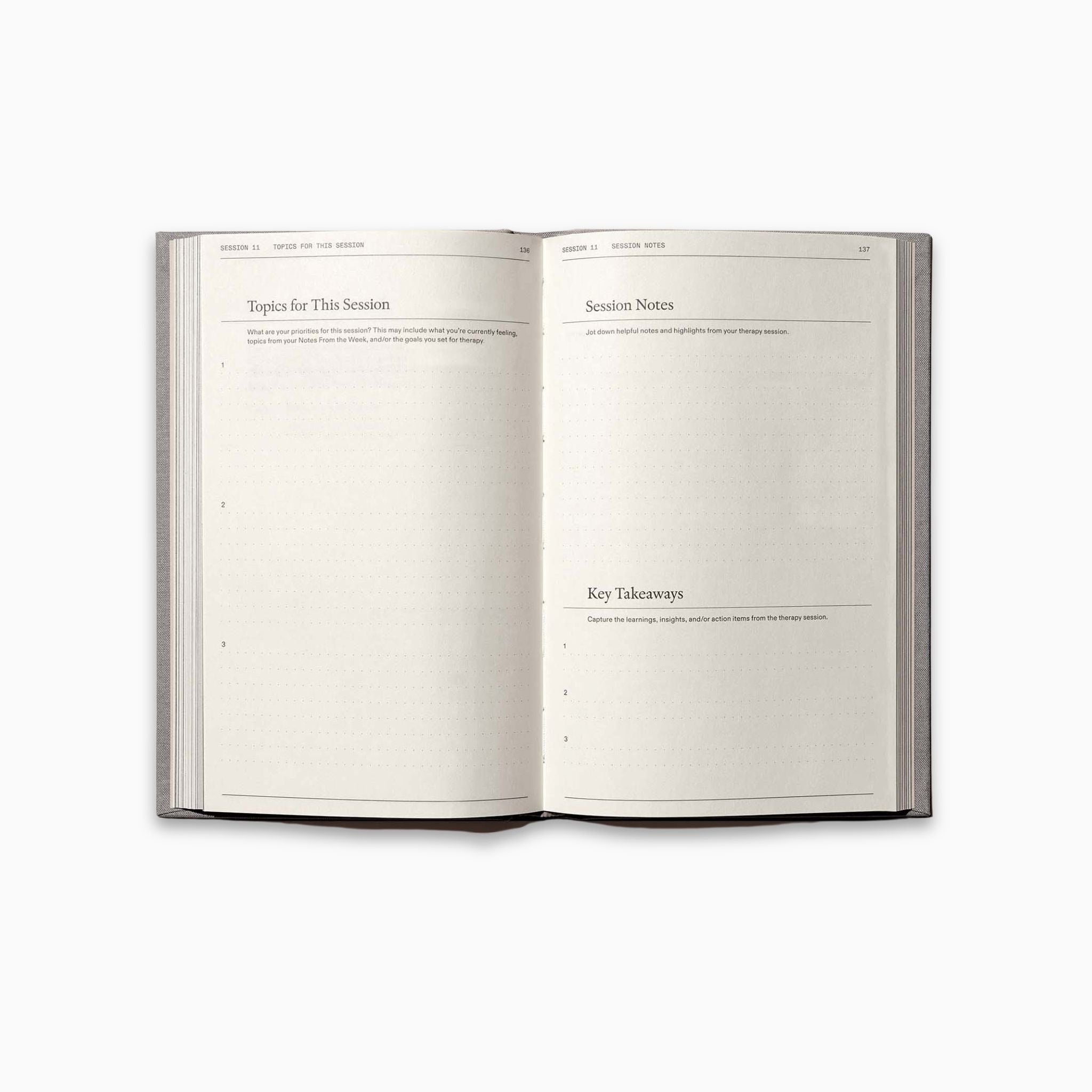 Open spread of The Therapy Journal by Therapy Notebooks, showing structured pages for writing session topics, notes, and key takeaways.