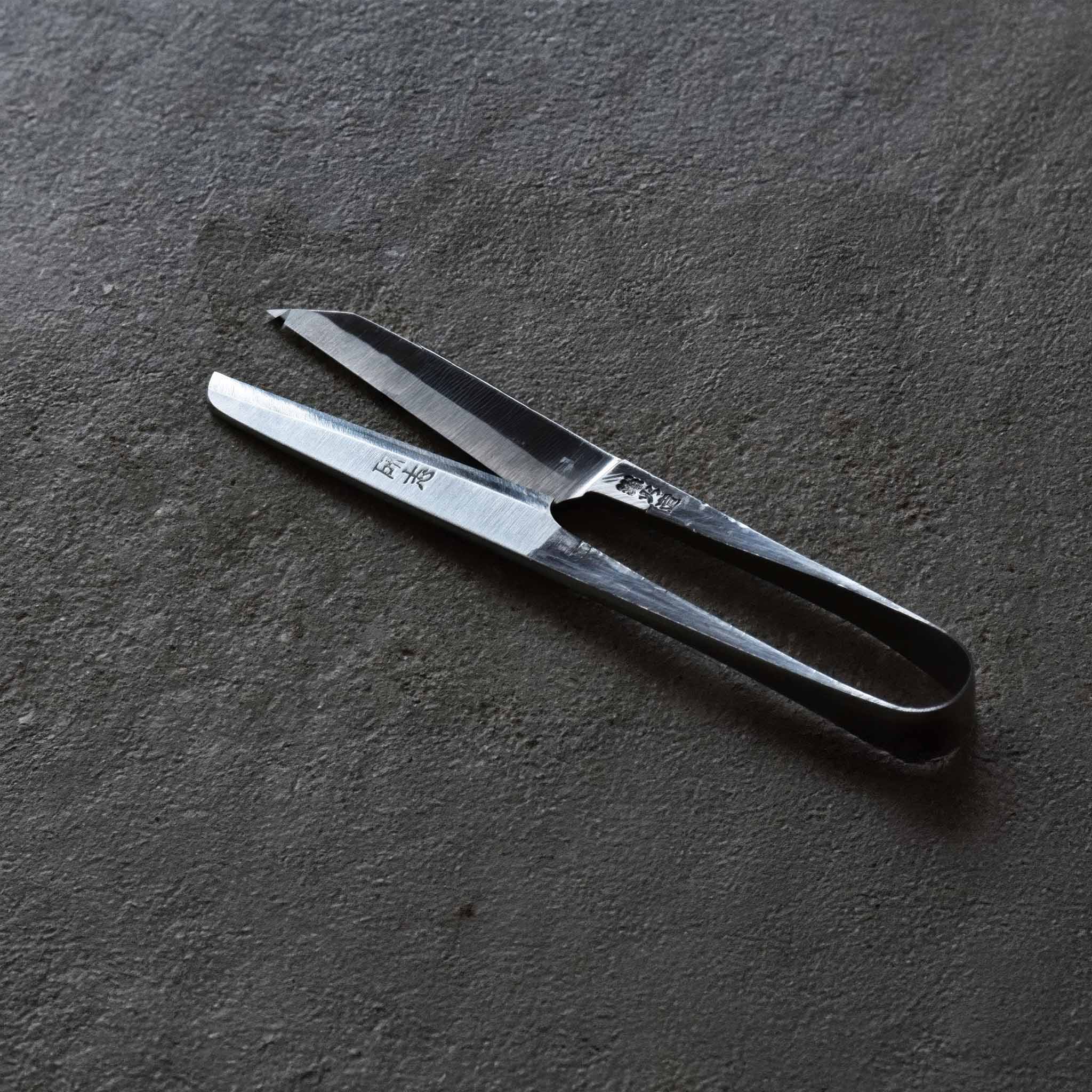 Pair of Terazaki Hamono Tsume Scissors on a dark gray surface