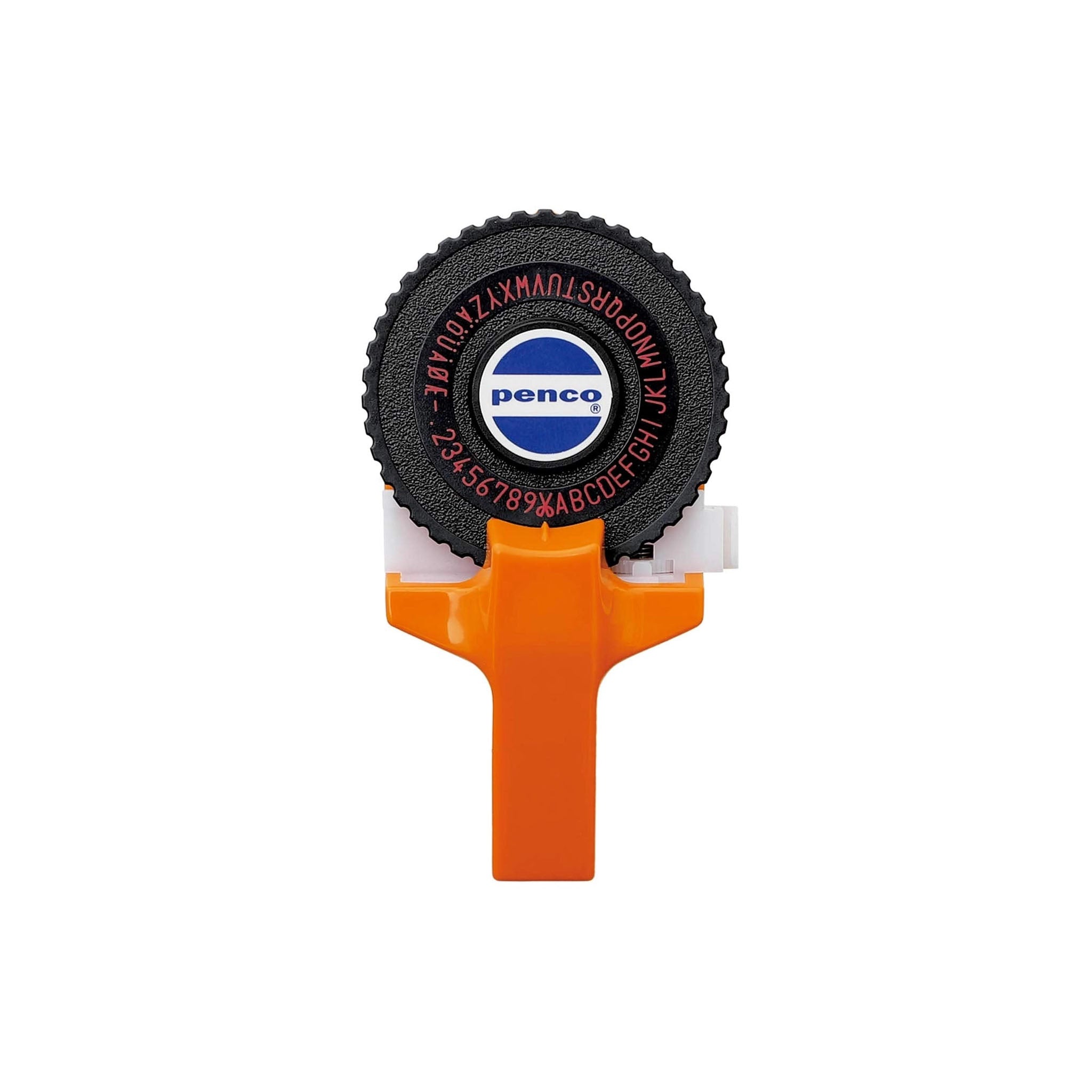 Penco label maker with black wheel and orange casing on a white background