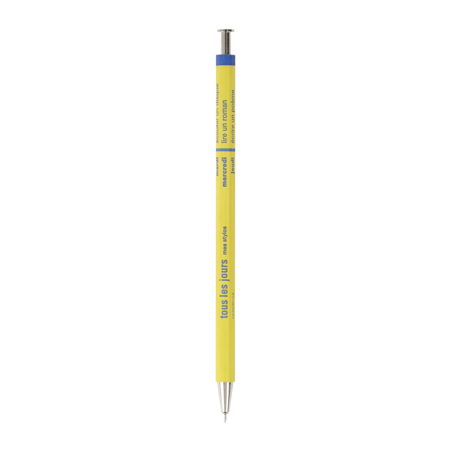 Yellow pen with blue accent on a white background