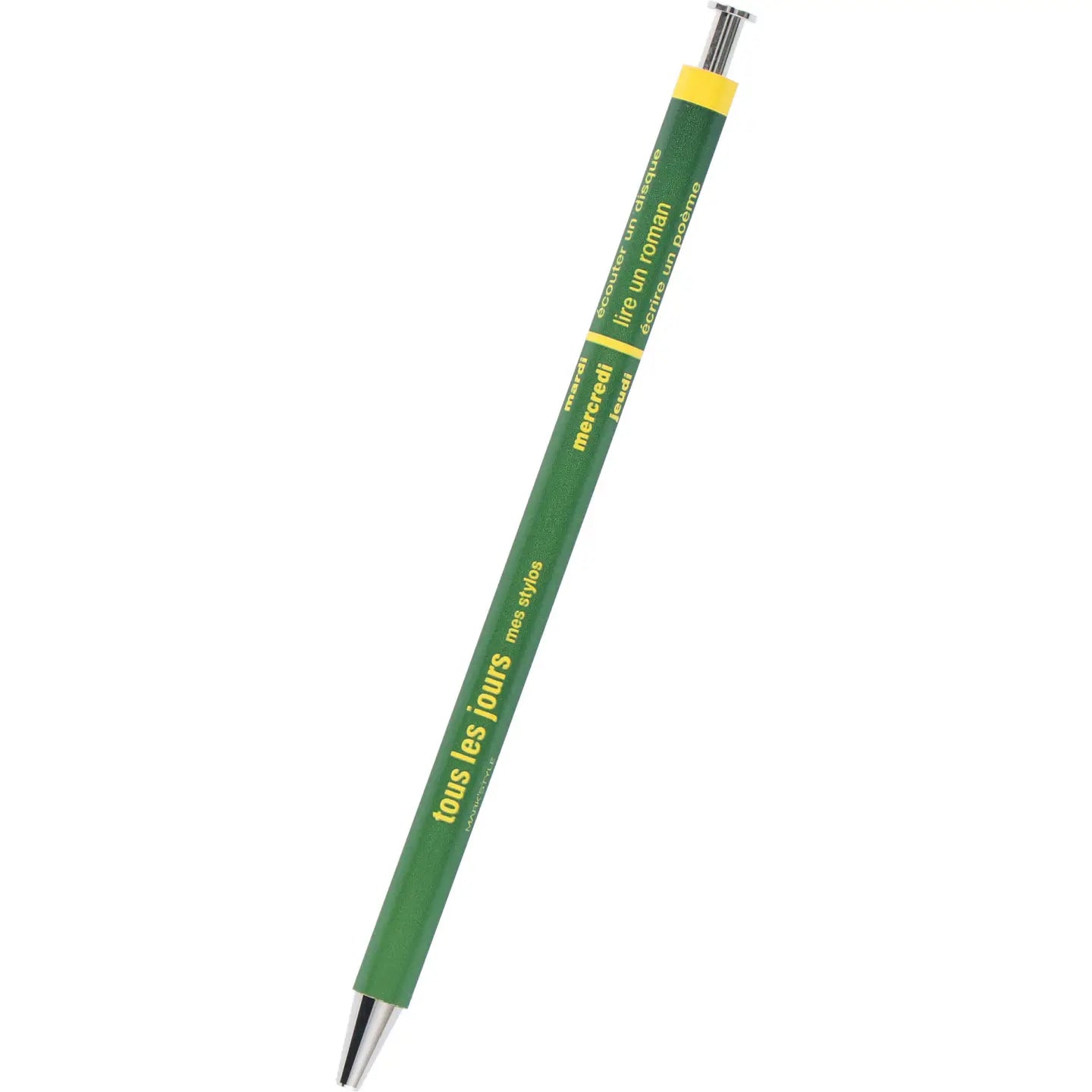 Green pen with yellow text on a white background