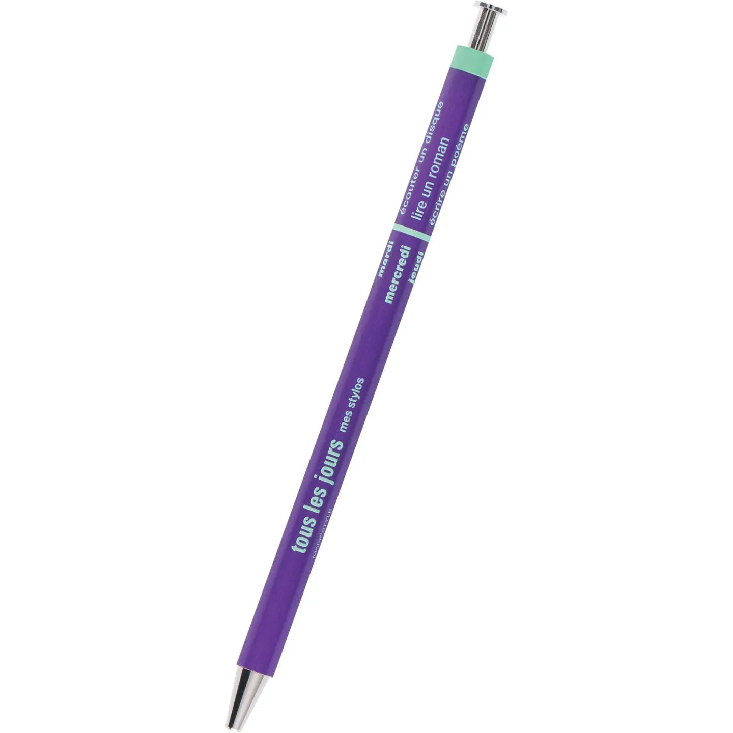 Purple pen with text on a white background