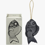 image of tamanohada welcome gift  fish-shaped soap pomogranite color next to box color Muscovado 