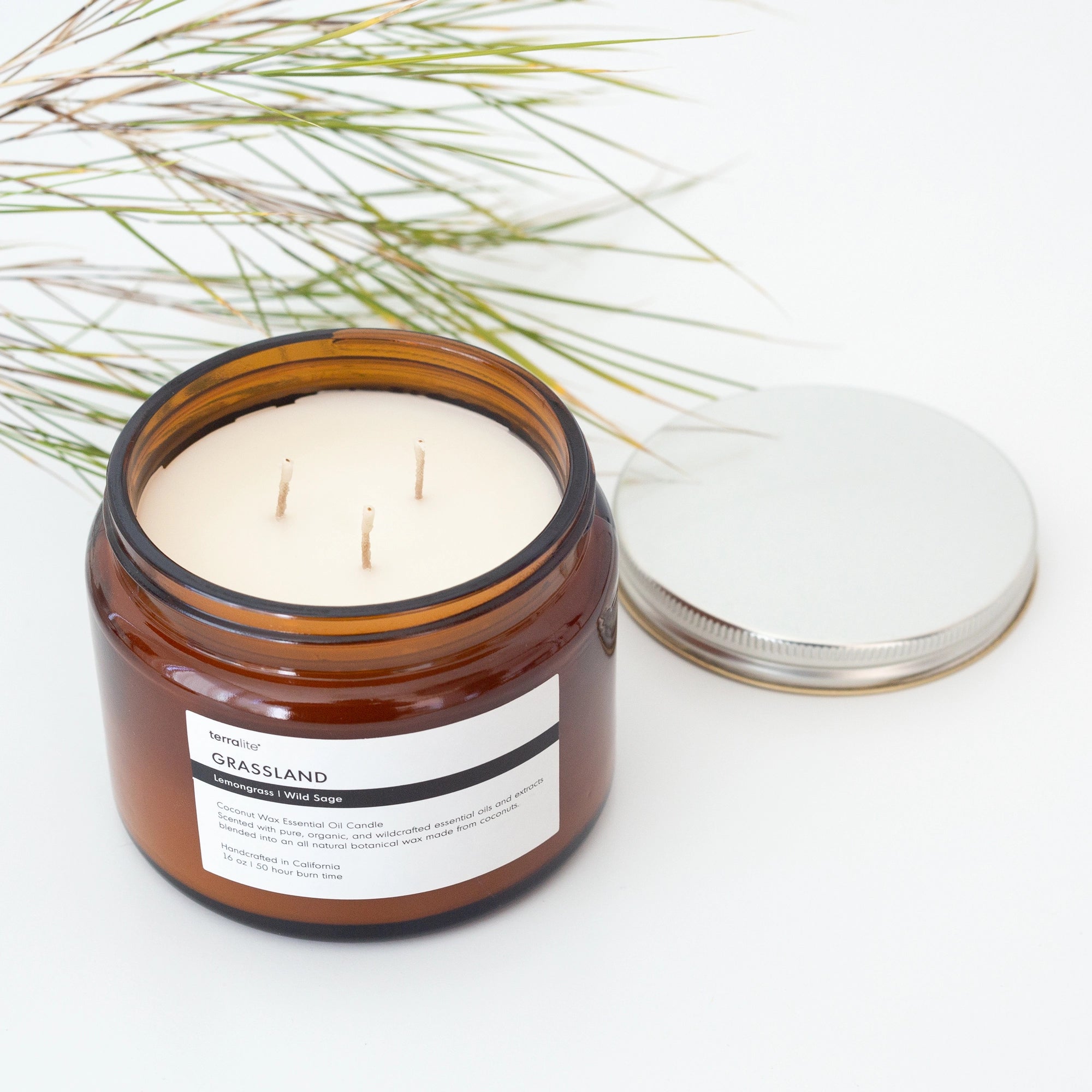 image of an open jar of terralite scented candle grassland scent with grass in the background