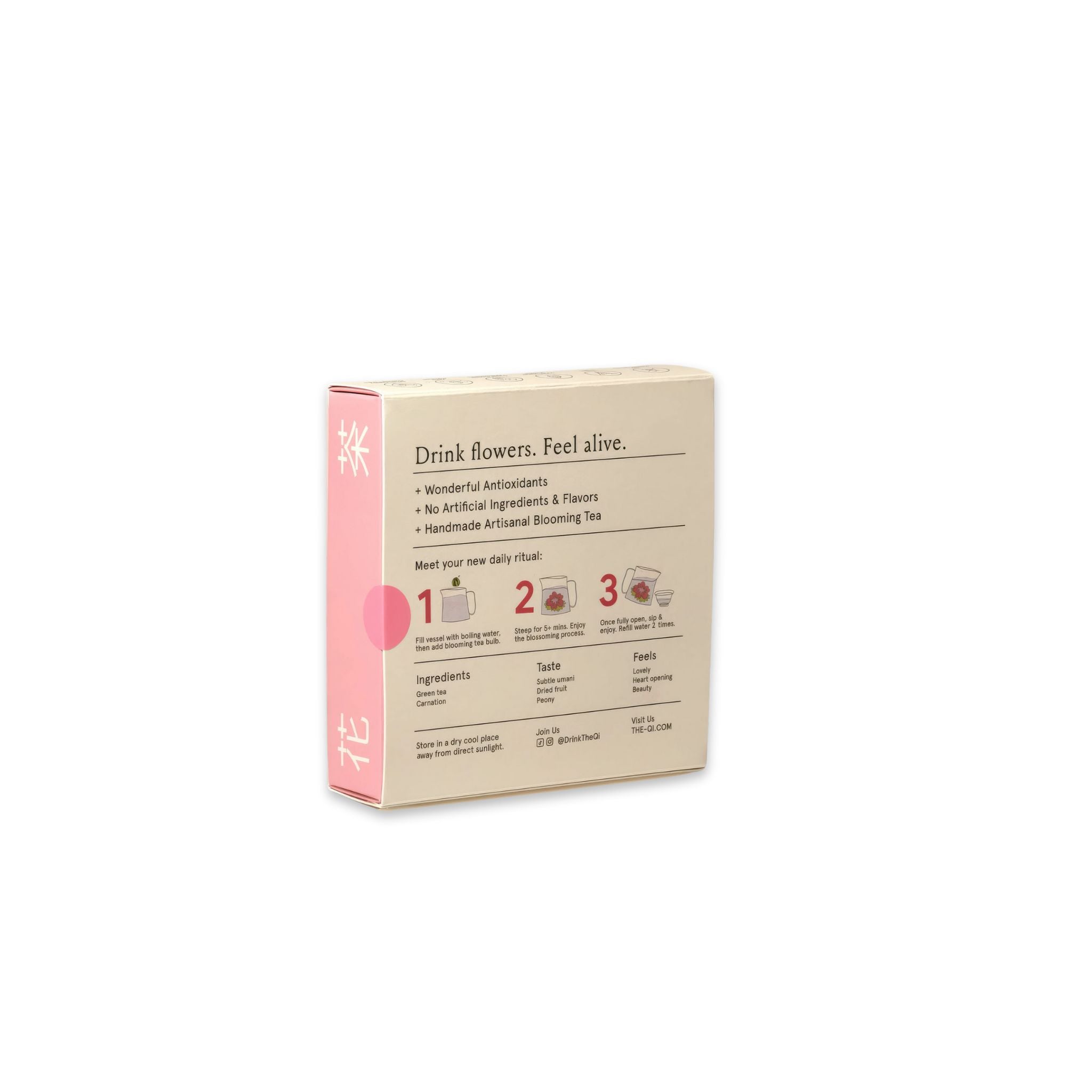image of back of box of the qi inner awakening blooming tea with brewing instructions