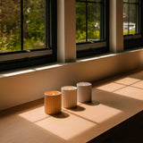 Three Hudson + Oak hand poured vegan candles on a windowsill with sunlight casting shadows
