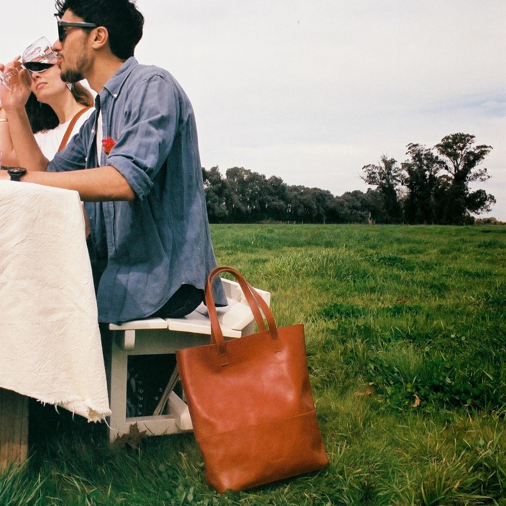 Image of the Cabildo Tote from Nimes in tobacco outdoors sitting on a field of green grass next to a man who is sipping a glass of red wine at a outdoor picnic