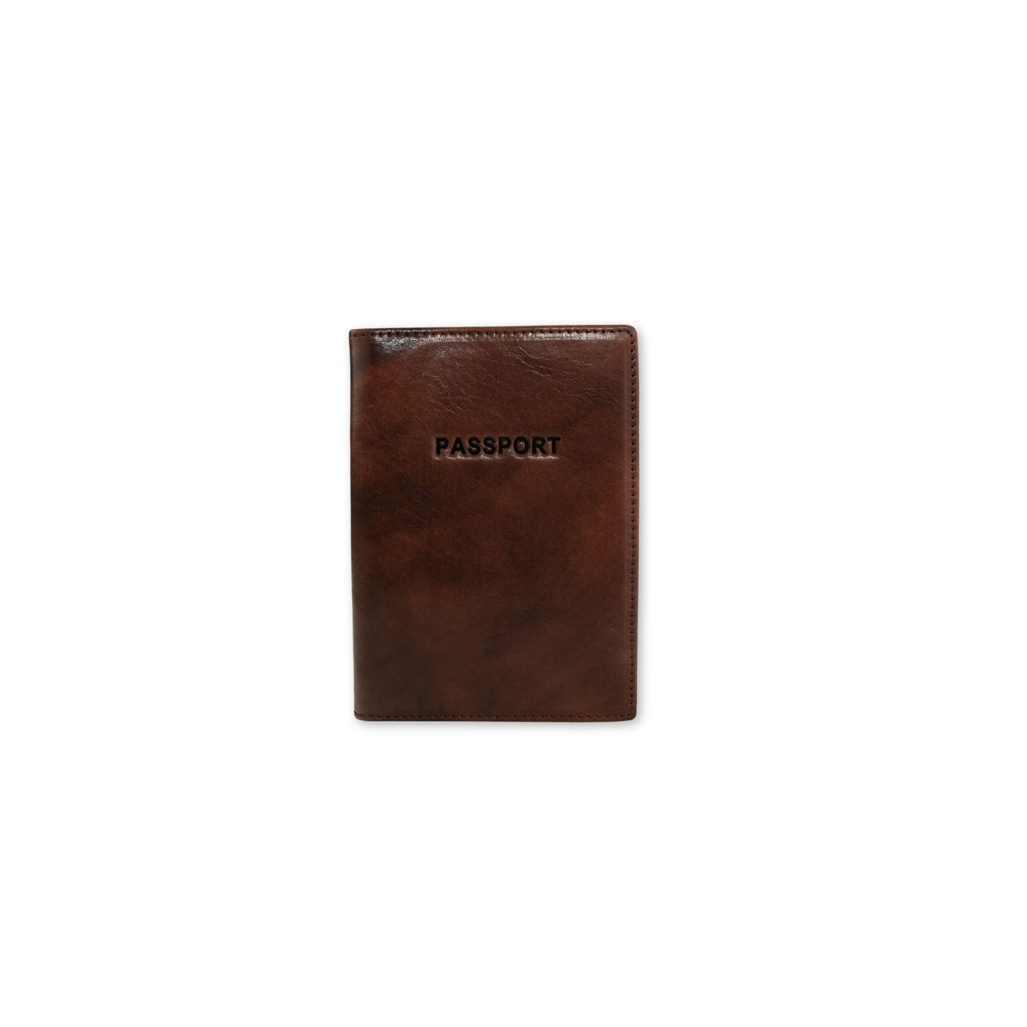 Brown leather passport holder on a white background