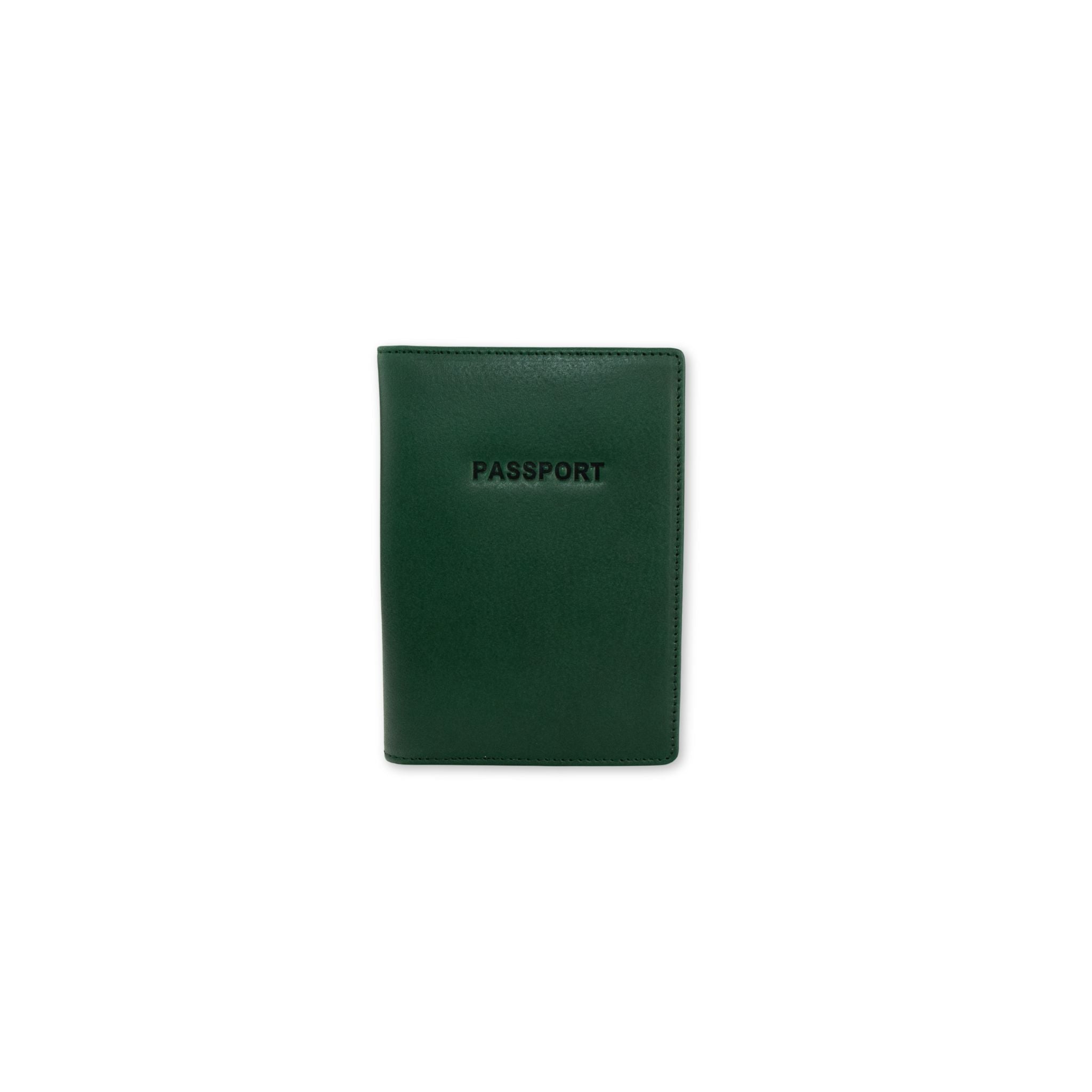 Green passport holder with 'PASSPORT' text on a white background