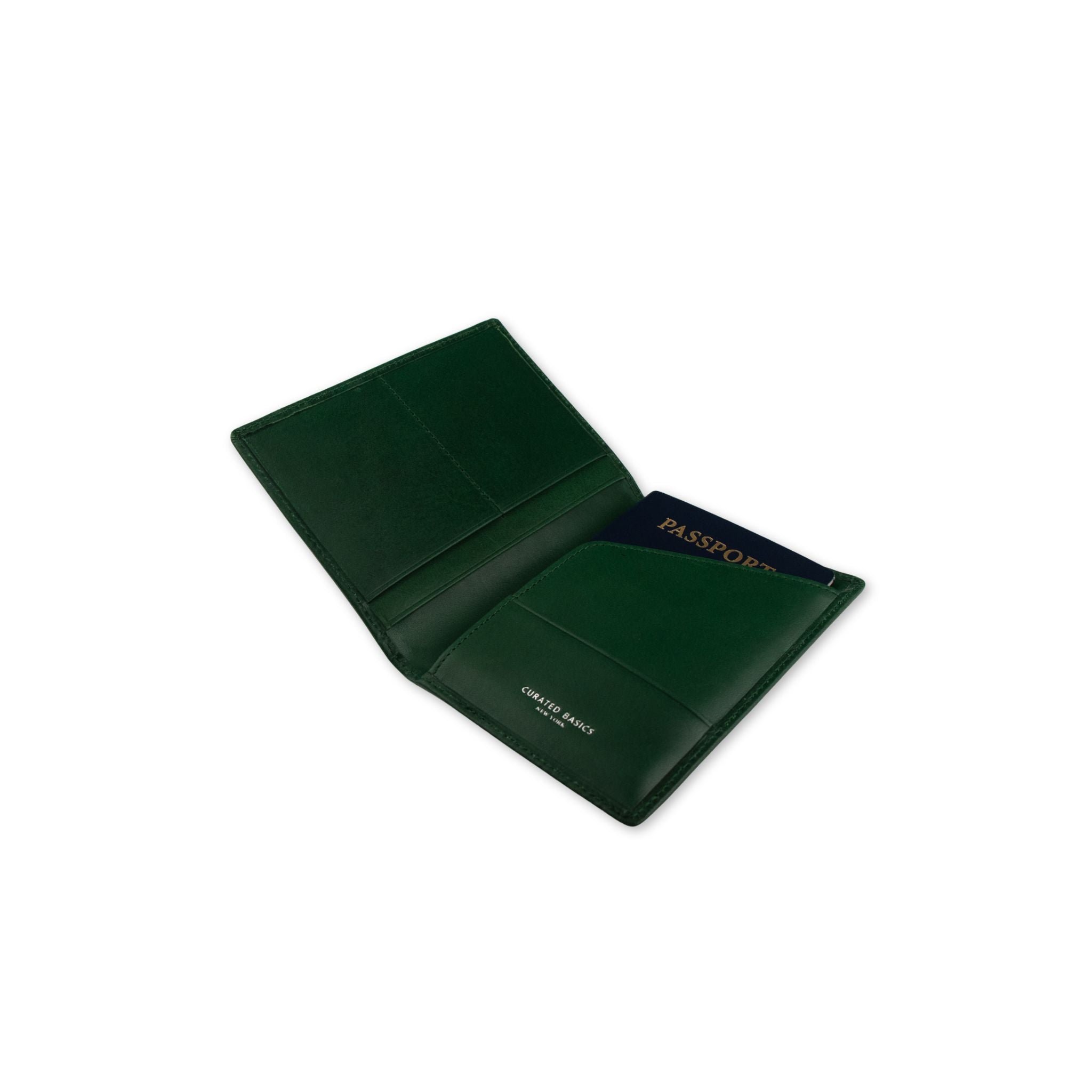 Green passport holder on a white background